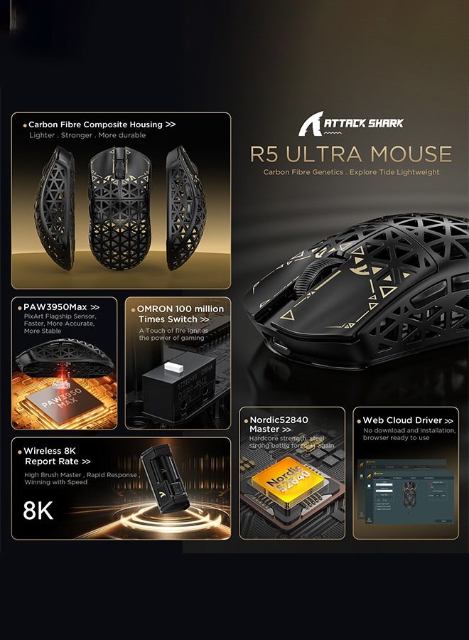 هجوم القرش ماوس ألعاب لاسلكي R5Ultra 8K من ألياف الكربون بدقة 42000 نقطة في البوصة - مستشعر PAW3950 MAX - وزن خفيف للغاية 42 جرام - Nordic52840 - ماوس سلكي/بلوتوث/لاسلكي قابل للبرمجة بتردد 2.4 جيجاهرتز لأجهزة الكمبيوتر الشخصية/أجهزة ماك - Image 3