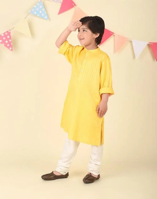 Fabindia Yellow Viscose Blend Dobby Long Kurta