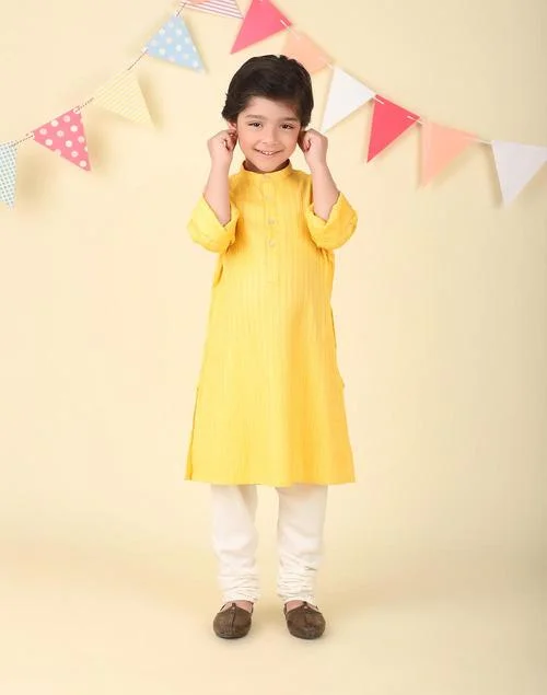Fabindia Yellow Viscose Blend Dobby Long Kurta