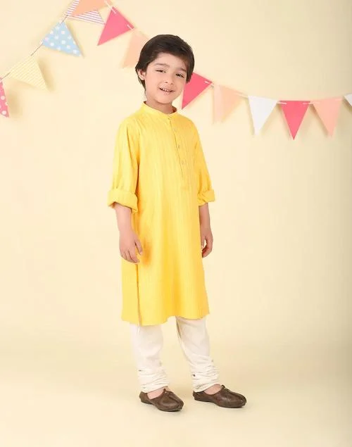 Fabindia Yellow Viscose Blend Dobby Long Kurta