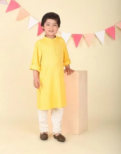 Fabindia Yellow Viscose Blend Dobby Long Kurta