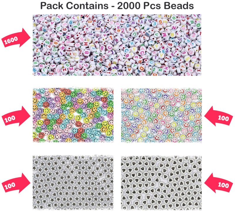 STORE 2508 Store2508 Pack of 2000 Colourful Round Beads Bulk Pack, Alphabet Letter A to Z, Smiling Emoji, Black Star, Black Heart for DIY Jewellery Bracelet Making, Art & Crafts, Personalised Accessories Making - Image 2