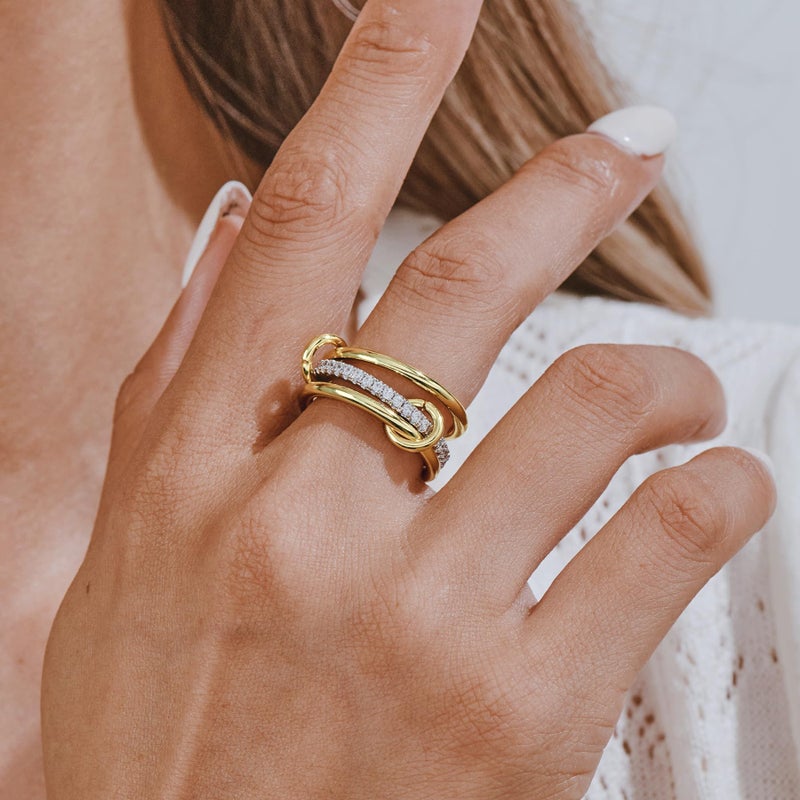 AllenCOCO 14K Gold Plated Stackable Rings, 3 Ring Set with Cubic Zirconia, Gold & Silver, Band for Women Statement Size 7 - Image 2