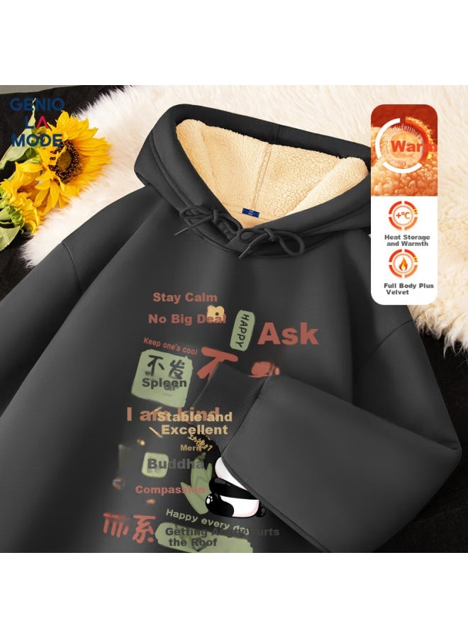 Geniolamode Fleece-lined Hoodie For Men, Winter Fashion Loose Versatile Youth Printed Clothing, Dark Gray, 3XL - Image 1
