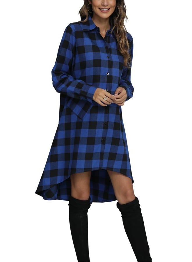 olrain Womens Plaids V Neck Long Sleeve Irregular Hem Casual Shirt Dress, Blue, S - Image 4