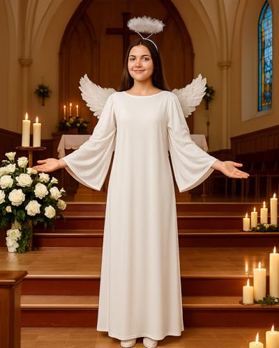 Toulite 3 Pcs Angel Costume Woman Including Angel Dress Headband Wing, Nativity Costume for Halloween Adults Kids Girls Boys (16+y/53.1 Inches,White) - Image 3