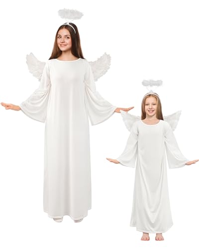 Toulite 3 Pcs Angel Costume Woman Including Angel Dress Headband Wing, Nativity Costume for Halloween Adults Kids Girls Boys (16+y/53.1 Inches,White) - Image 1