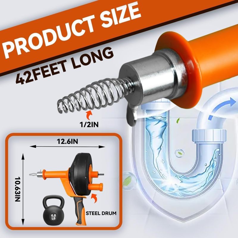 Drain Auger 42 Ft Plumbing Snake - Flexible Cable Navigates Pipe Bends - Heavy-Duty Drain Cleaner With Drill Adapter for Kitchen Sinks Bathroom Tubs Shower Drains - Image 2