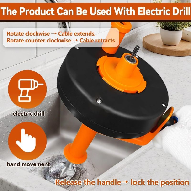 Drain Auger 42 Ft Plumbing Snake - Flexible Cable Navigates Pipe Bends - Heavy-Duty Drain Cleaner With Drill Adapter for Kitchen Sinks Bathroom Tubs Shower Drains - Image 3