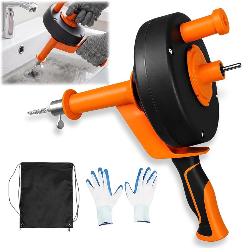 Drain Auger 42 Ft Plumbing Snake - Flexible Cable Navigates Pipe Bends - Heavy-Duty Drain Cleaner With Drill Adapter for Kitchen Sinks Bathroom Tubs Shower Drains - Image 1