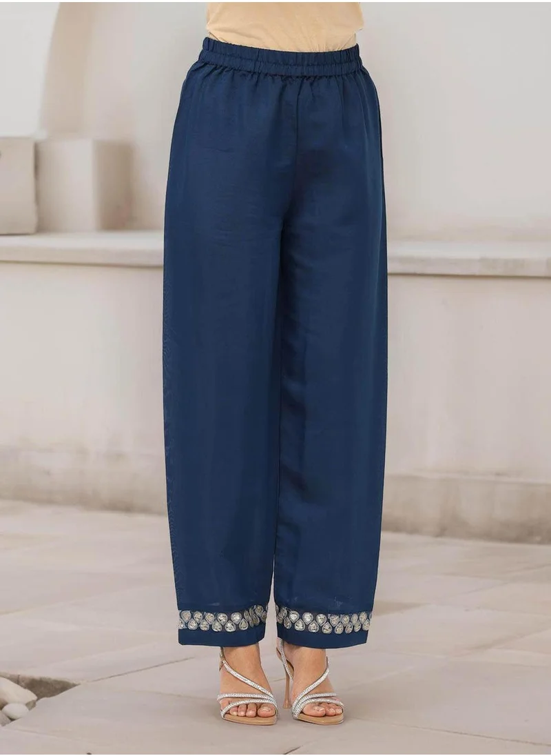 آي شين Women's Navy Blue Modal Chanderi Embellished Tunic Full Length Casual Straight Fit Kurta Set