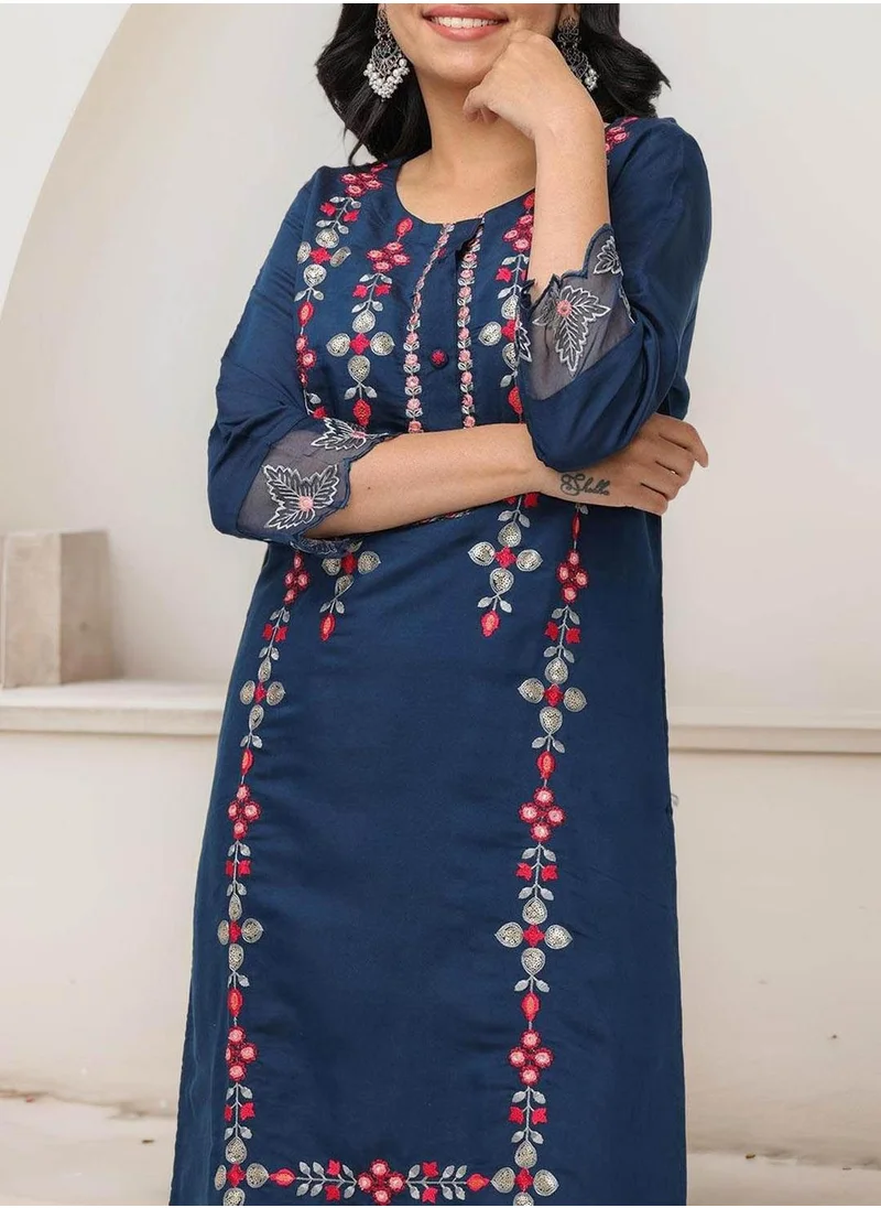 آي شين Women's Navy Blue Modal Chanderi Embellished Tunic Full Length Casual Straight Fit Kurta Set
