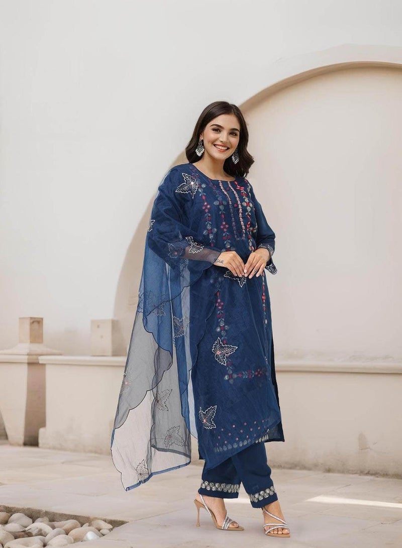 ISHIN Women's Navy Blue Modal Chanderi Embellished Tunic Full Length Casual Straight Fit Kurta Set  - Image 1