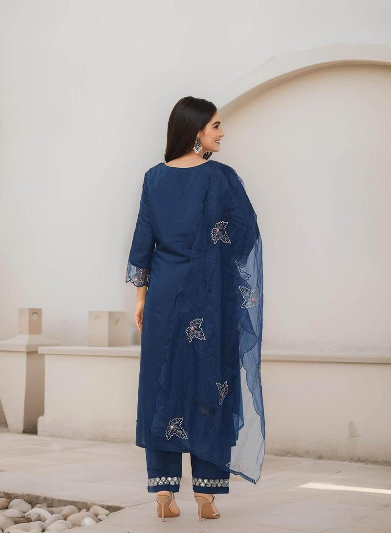 ISHIN Women's Navy Blue Modal Chanderi Embellished Tunic Full Length Casual Straight Fit Kurta Set  - Image 5