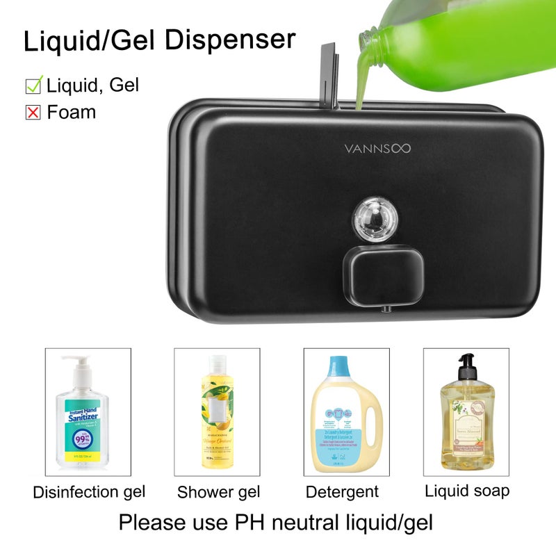 VANNSOO Wall Mounted Hand Soap Dispenser Bathroom, 1200ml 40oz Commercial Stainless Steel Black Liquid Soap Dispenser Wall Mount (Horizontal Black) - Image 4