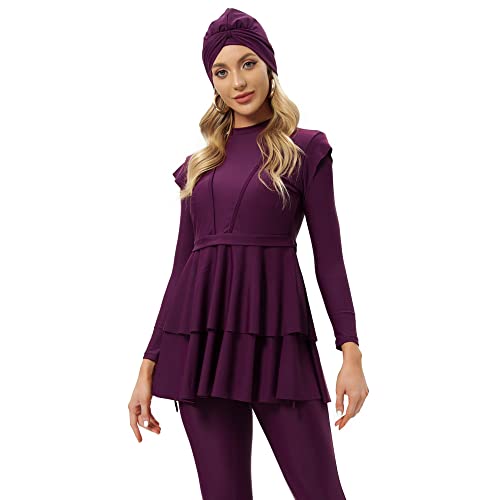 YONGSEN Women Burkini Islamic Modest Plus Size Muslim Swimwear with Bra Pad Front Black and White Grid Hijab Swimsuit (Purple, 4XL) - Image 1