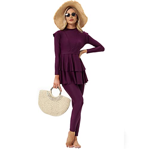 YONGSEN Women Burkini Islamic Modest Plus Size Muslim Swimwear with Bra Pad Front Black and White Grid Hijab Swimsuit (Purple, 4XL) - Image 5