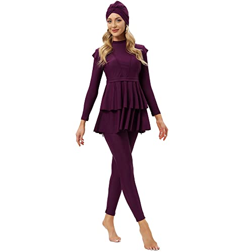 YONGSEN Women Burkini Islamic Modest Plus Size Muslim Swimwear with Bra Pad Front Black and White Grid Hijab Swimsuit (Purple, 4XL) - Image 2
