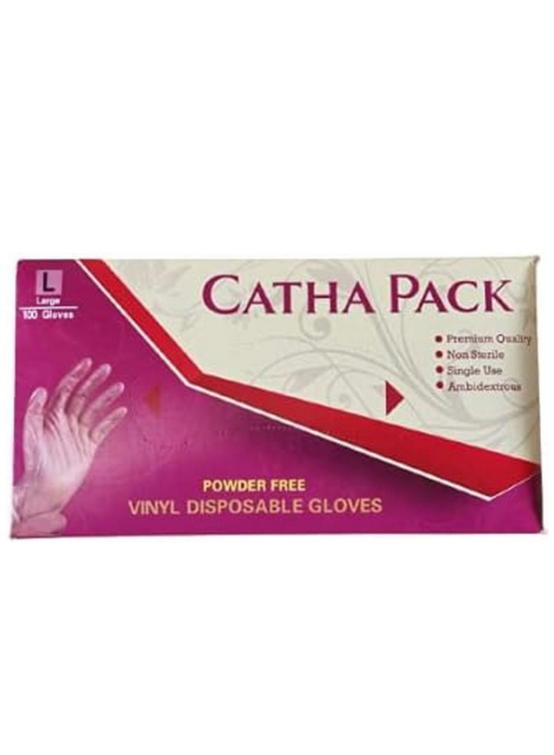 CATHA PACK Vinyl Gloves Clear Powder Free Large 100 Gloves Pack - Image 1
