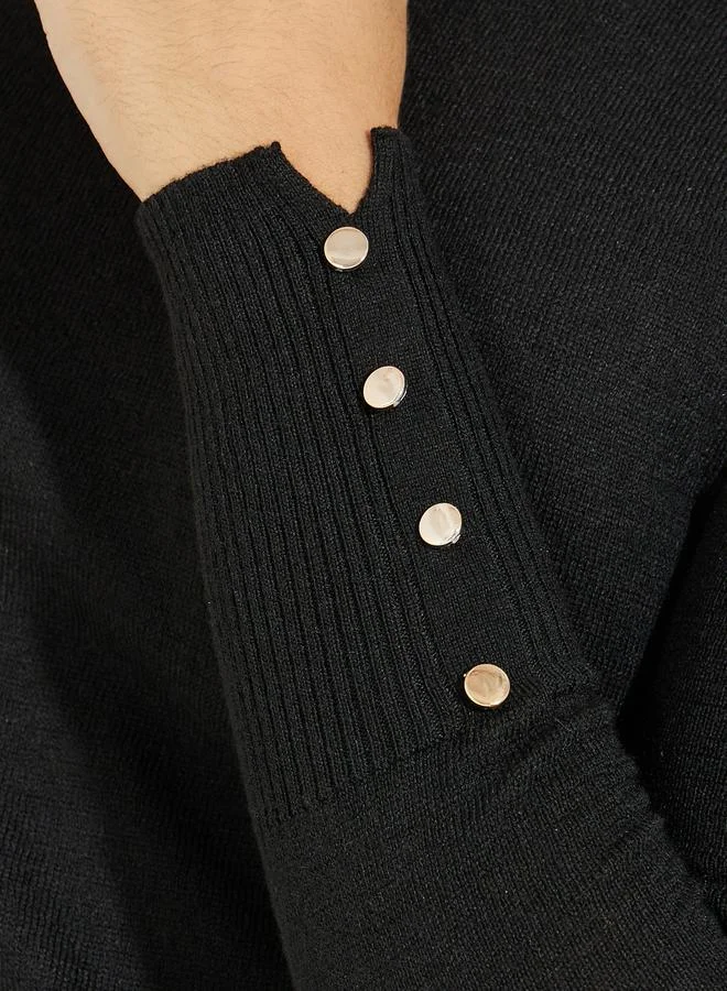 Styli Slim Fit Round Neck Sweater with Button Cuff Detail
