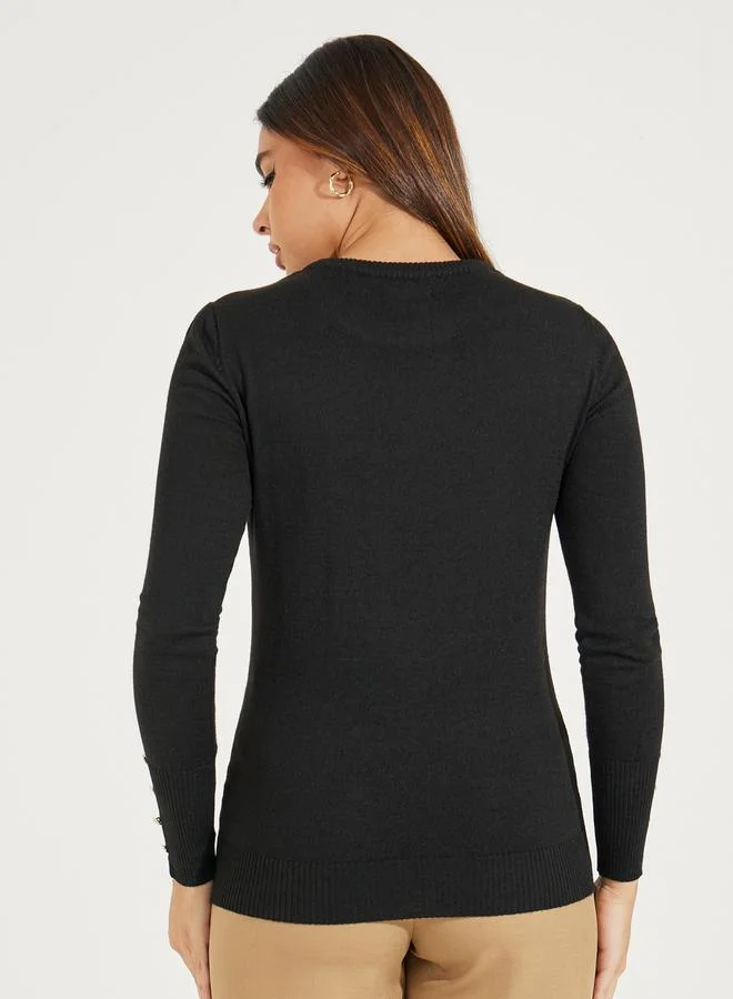 Styli Slim Fit Round Neck Sweater with Button Cuff Detail