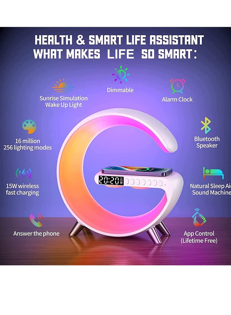 Wireless Charger Atmosphere Lamp, RGB Color Changing Mood Light with Time Display, 256 Modes and 16 Million Light Colors, Bluetooth Speaker Desk Lamp with Alarm Clock, Ideal Choice for Friends - Image 2