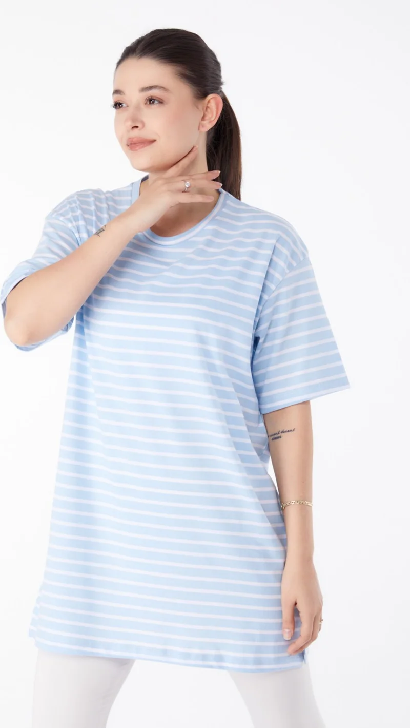 Tofisa Plain Crew Neck Women's Blue Striped T-Shirt - 25376