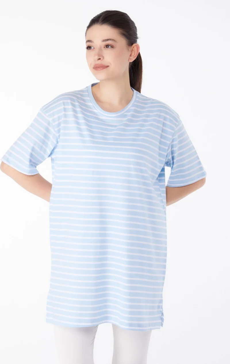Tofisa Plain Crew Neck Women's Blue Striped T-Shirt - 25376