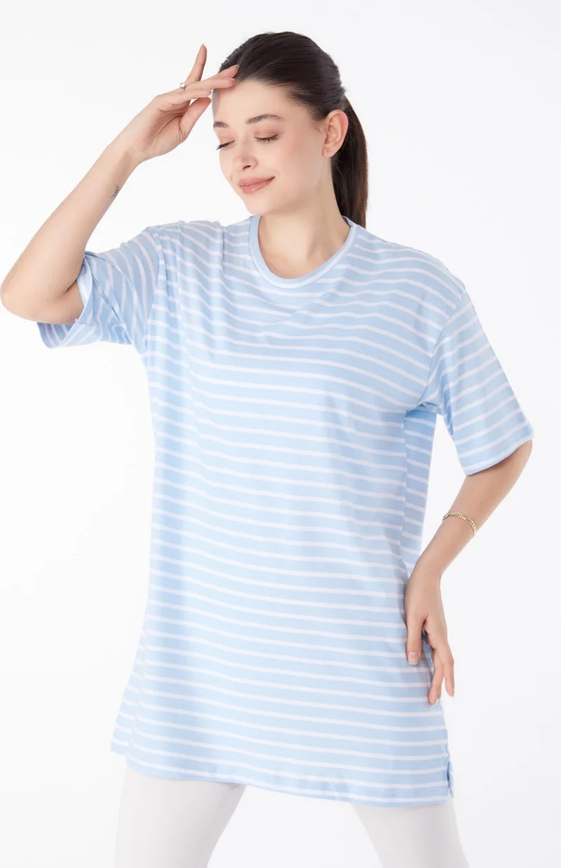Tofisa Plain Crew Neck Women's Blue Striped T-Shirt - 25376