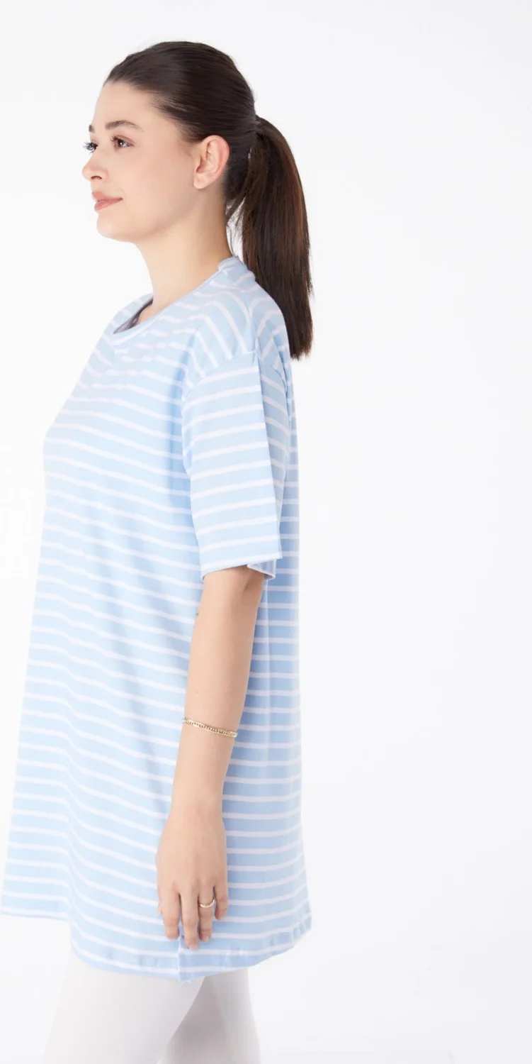 Tofisa Plain Crew Neck Women's Blue Striped T-Shirt - 25376