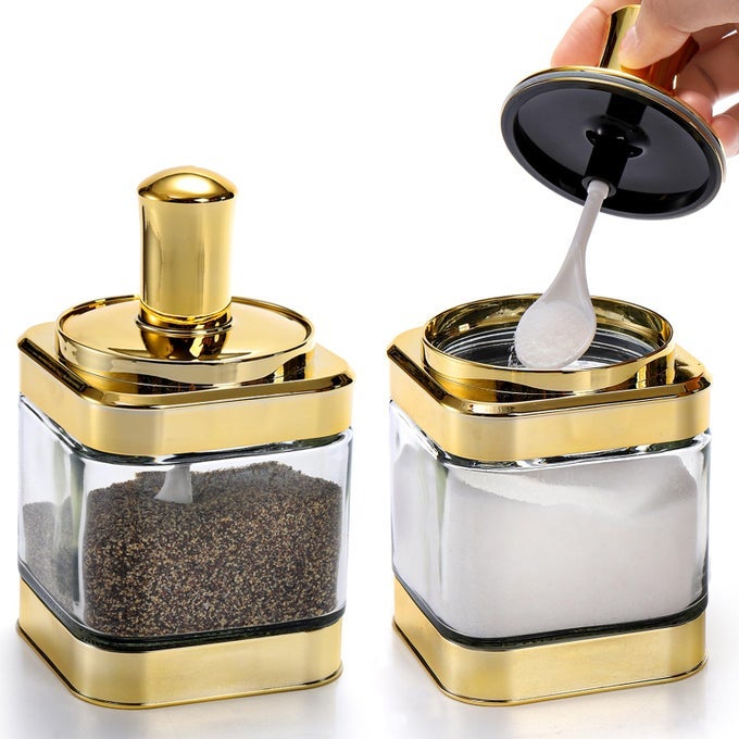 2 PACK GLASS CONDIMENT POT 12 OUNCE GOLD SPICE JARS WITH SPOON SEASONING BOX SET SALT CONTAINER SUGAR DISPENSE KITCHEN CONTAINERS FOR FLOUR AND SUGAR