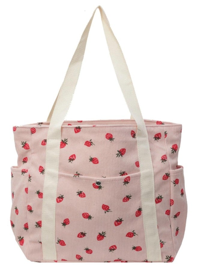 Tellrain Cute Strawberry Shoulder Tote Bag Women 2025 Corduroy Book Handbag Square Purse Multiple Pockets College, Pink - Image 1