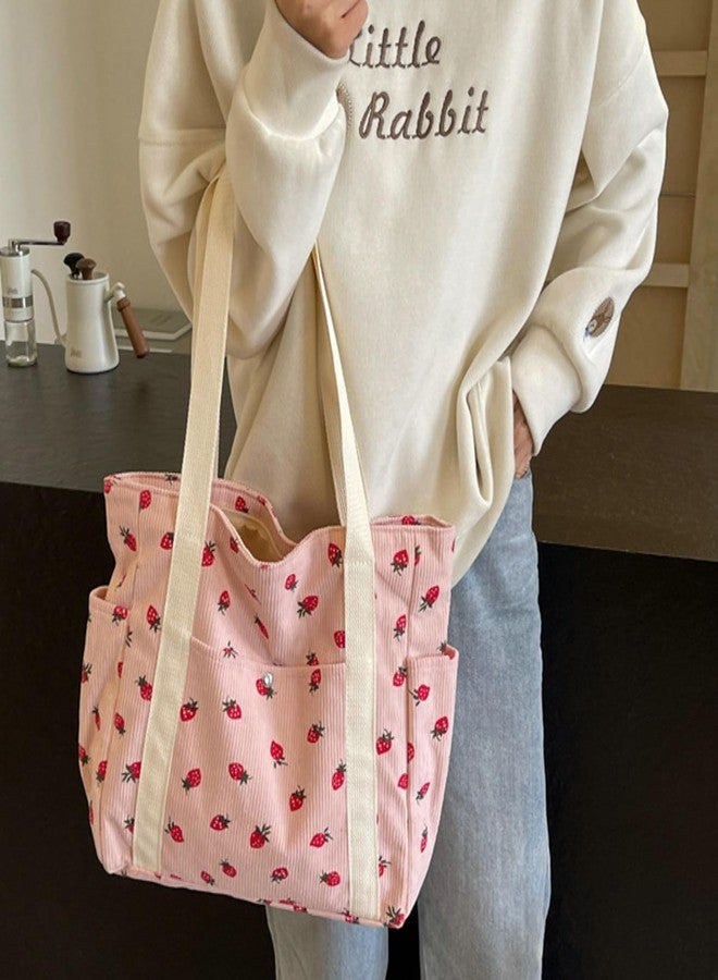Tellrain Cute Strawberry Shoulder Tote Bag Women 2025 Corduroy Book Handbag Square Purse Multiple Pockets College, Pink - Image 2
