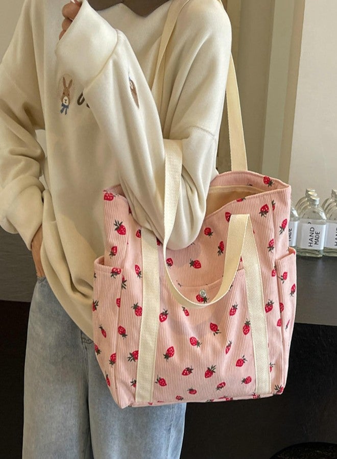 Tellrain Cute Strawberry Shoulder Tote Bag Women 2025 Corduroy Book Handbag Square Purse Multiple Pockets College, Pink - Image 3