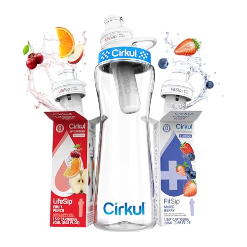 Cirkul 22oz. BPA-Free Plastic Water Bottle Starter Kit with Blue Lid, 2 Flavor Cartridges (1 LifeSip Fruit Punch, 1 FitSip Mixed Berry) No Sugar, Zero Calorie Drink Mix - Image 1