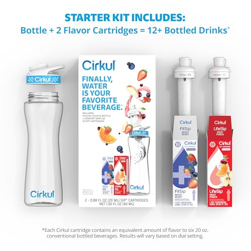Cirkul 22oz. BPA-Free Plastic Water Bottle Starter Kit with Blue Lid, 2 Flavor Cartridges (1 LifeSip Fruit Punch, 1 FitSip Mixed Berry) No Sugar, Zero Calorie Drink Mix - Image 2