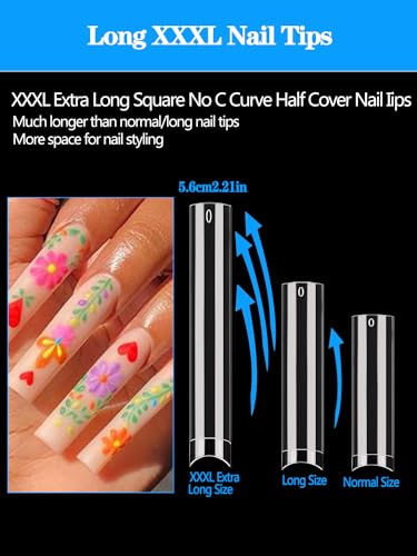 Dudjndjd 240PCS No C Curve Square Nail Tips, XXXL Half Cover Clear Nail Tips for Acrylic Nails, 3XL Straight Tapered Square Fake Nails Tips Set, 12 Sizes Flattened Acrylic Nails Tips for Nail Salons and DIY - Image 2