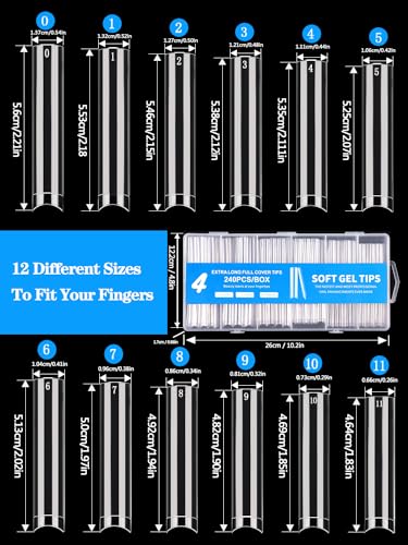 Dudjndjd 240PCS No C Curve Square Nail Tips, XXXL Half Cover Clear Nail Tips for Acrylic Nails, 3XL Straight Tapered Square Fake Nails Tips Set, 12 Sizes Flattened Acrylic Nails Tips for Nail Salons and DIY - Image 4