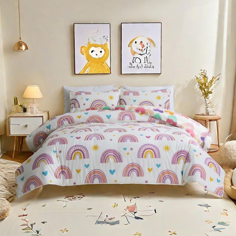 Btargot Lightweight Soft 3 Piece Rainbow Comforter Set with 2 Pillow Covers, Cartoon Love Hearts Suns and Stars Bedding Set for Girls Boys Kids, Full Purple - Image 1
