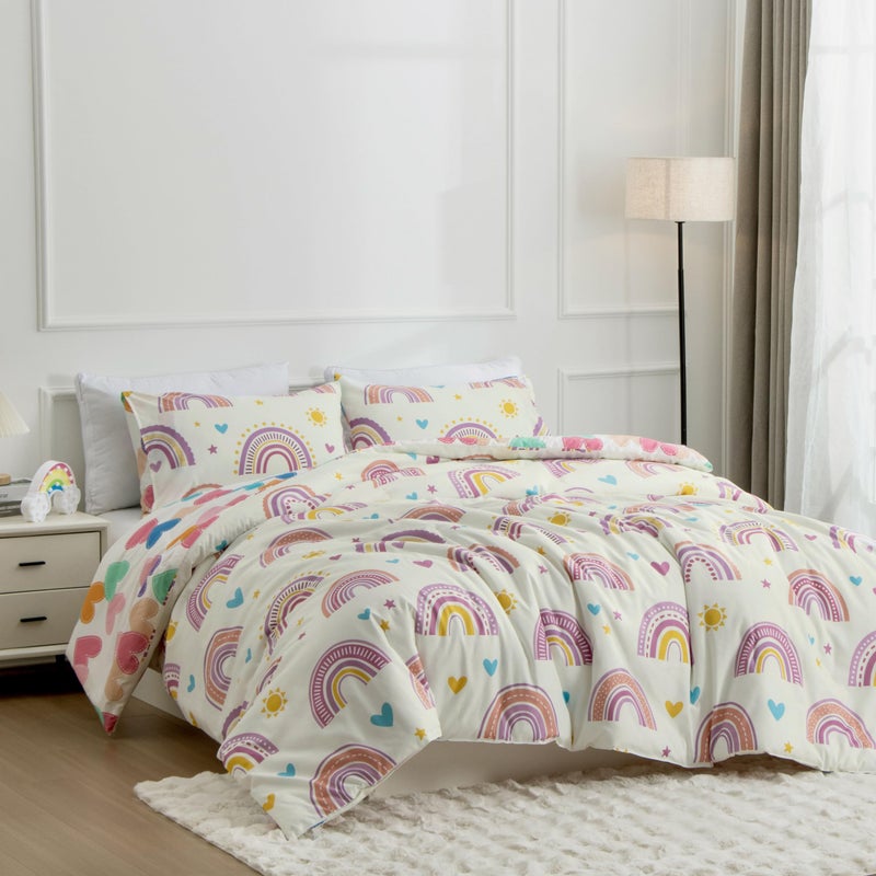 Btargot Lightweight Soft 3 Piece Rainbow Comforter Set with 2 Pillow Covers, Cartoon Love Hearts Suns and Stars Bedding Set for Girls Boys Kids, Full Purple - Image 3