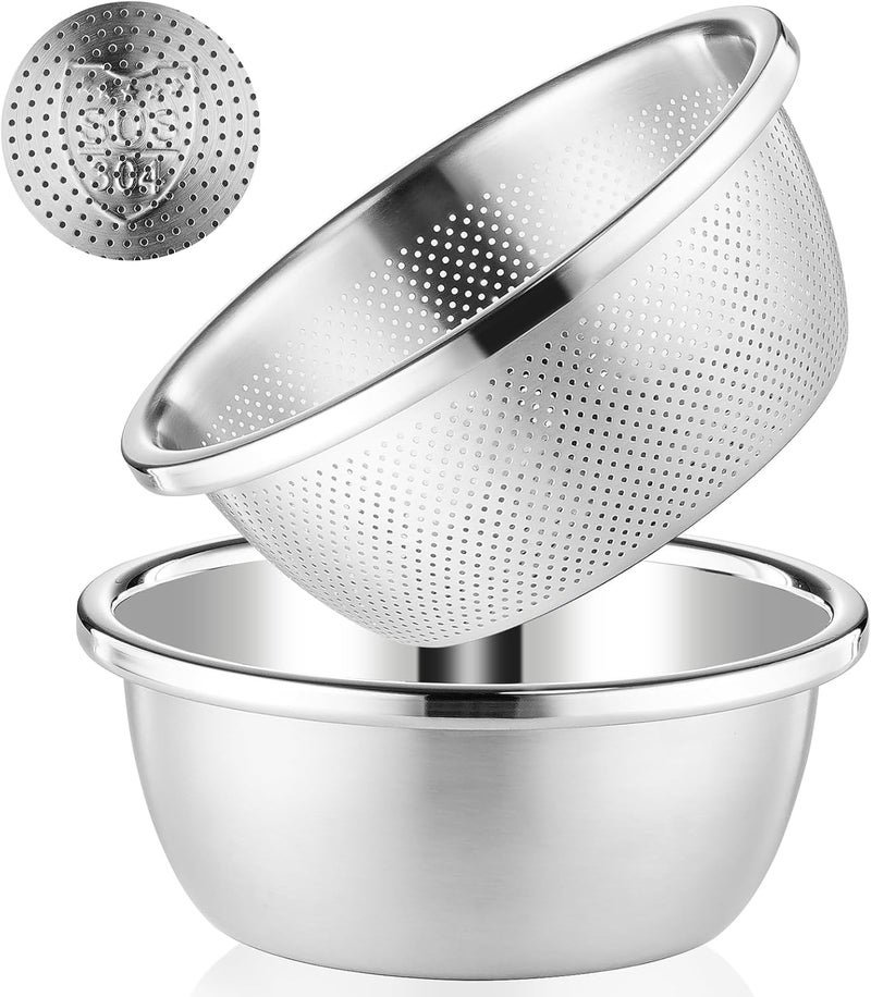 POPGRADE 304 Stainless Steel Colander 5QT Microporous Colander & Large Bowl for Kitchen,Rice Strainer with Salad Mixing Bowl for Pasta Straining,Fruit Washing,Vegetable Draining,Food Mixing(2PCs) - Image 1