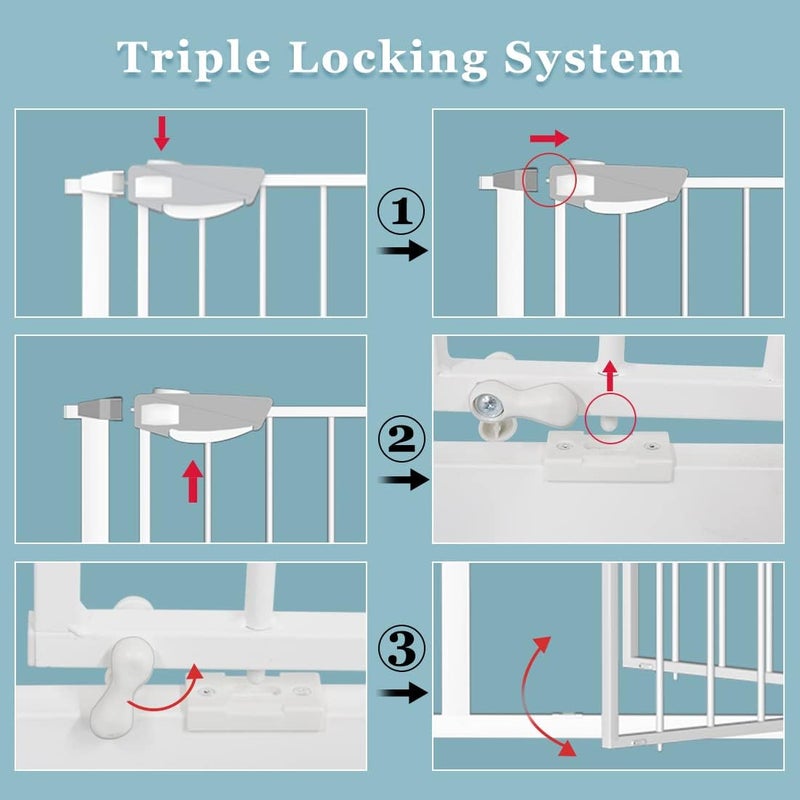 WAOWAO Triple Lock Baby Gate Extra Wide 57.87-62.59" Pressure Mounted Walk Through Swing Auto Close Safety White Metal Dog Pet Puppy Cat for Stairs,Doorways,Kitchen - Image 3