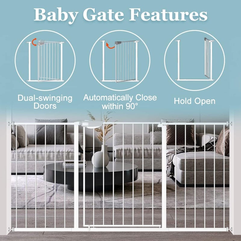 WAOWAO Triple Lock Baby Gate Extra Wide 57.87-62.59" Pressure Mounted Walk Through Swing Auto Close Safety White Metal Dog Pet Puppy Cat for Stairs,Doorways,Kitchen - Image 5