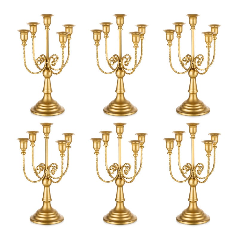 Romadedi Candelabra Gold Candle Holders - 5 Arm 11.8" Wedding Candlestick Holder for Theme Party Table Centerpiece Decor Dining Room Birthday Holiday Christmas, Set of 6 - Image 1