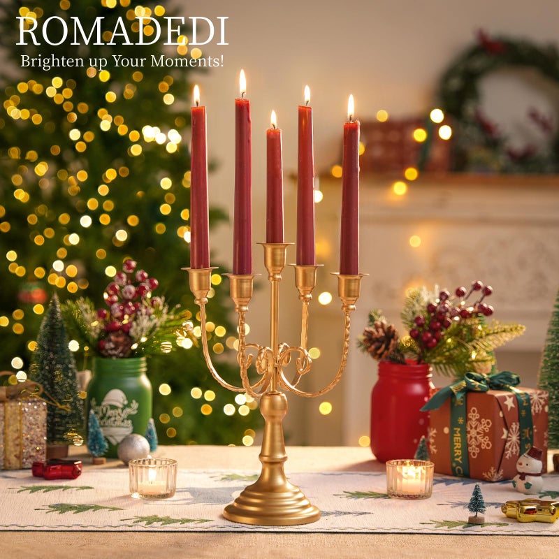Romadedi Candelabra Gold Candle Holders - 5 Arm 11.8" Wedding Candlestick Holder for Theme Party Table Centerpiece Decor Dining Room Birthday Holiday Christmas, Set of 6 - Image 2