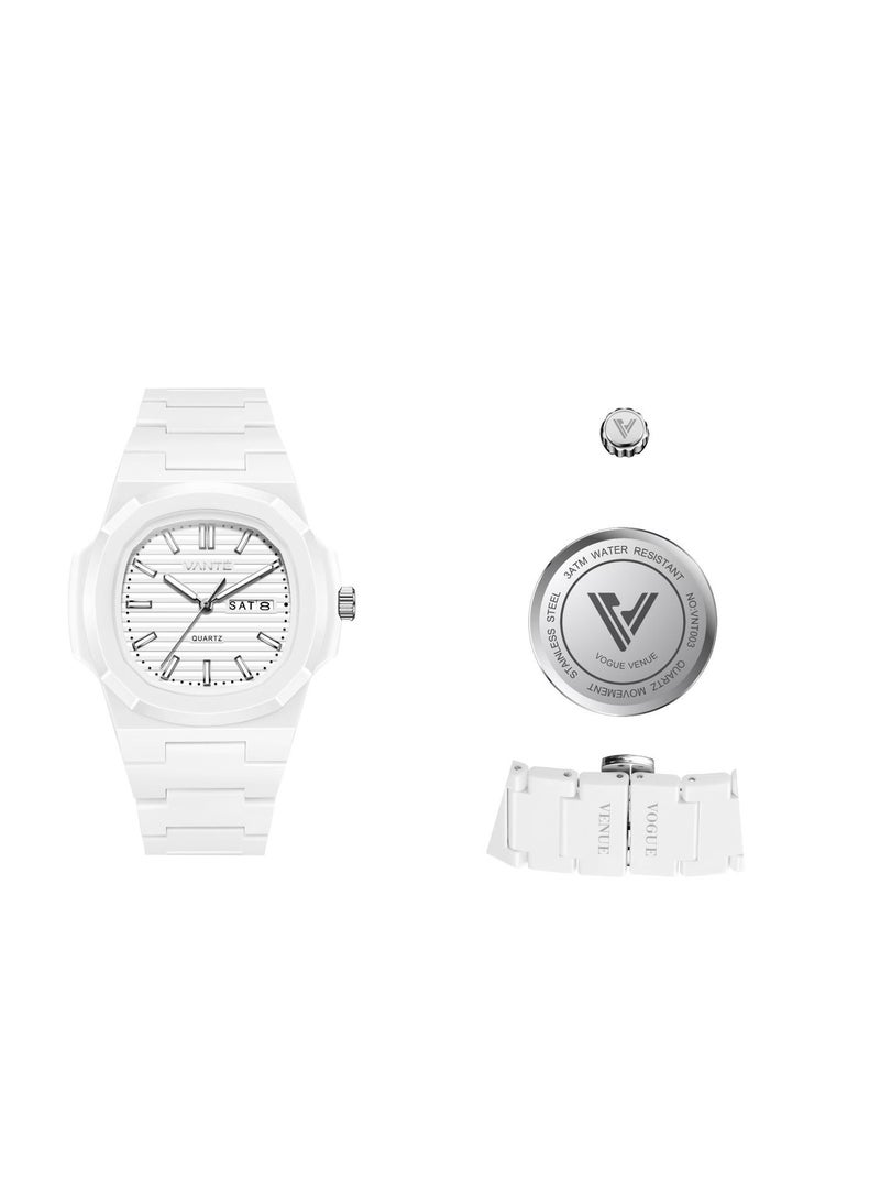 VOGUE VENUE VANTE  Series All-White Minimalist Quartz Watch - Integrated Rubber/Silicone Strap with Day-Date Display by VOGUE VENUE-VNT003 - Image 2