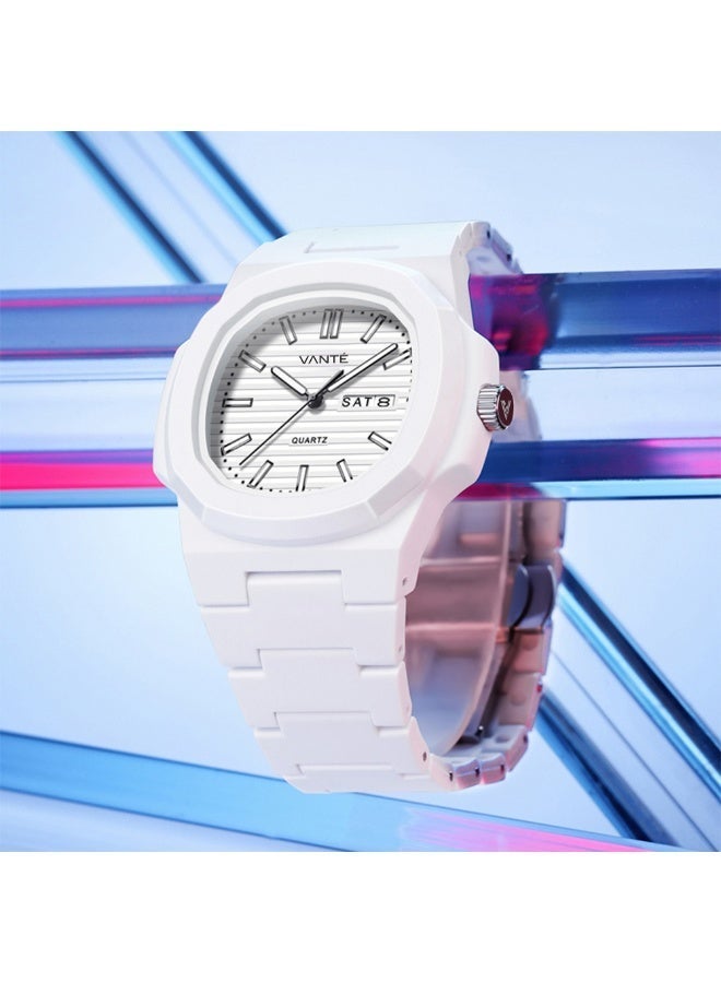 VOGUE VENUE VANTE  Series All-White Minimalist Quartz Watch - Integrated Rubber/Silicone Strap with Day-Date Display by VOGUE VENUE-VNT003 - Image 4