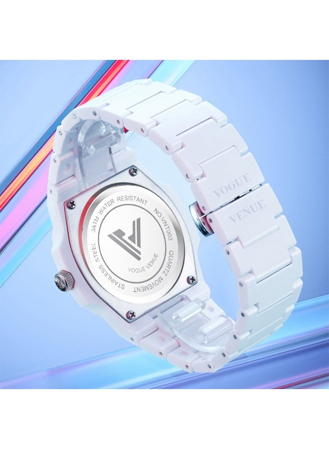 VOGUE VENUE VANTE  Series All-White Minimalist Quartz Watch - Integrated Rubber/Silicone Strap with Day-Date Display by VOGUE VENUE-VNT003 - Image 5