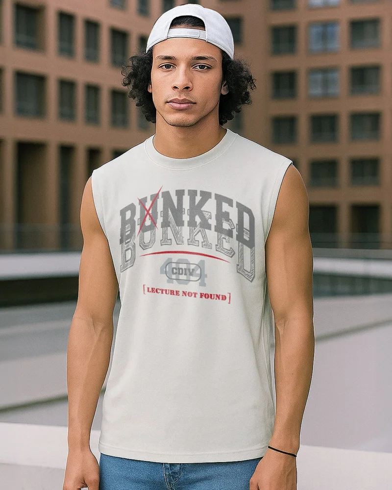 bewakoof Men's Grey Bunked Typography Boxy Fit Vest