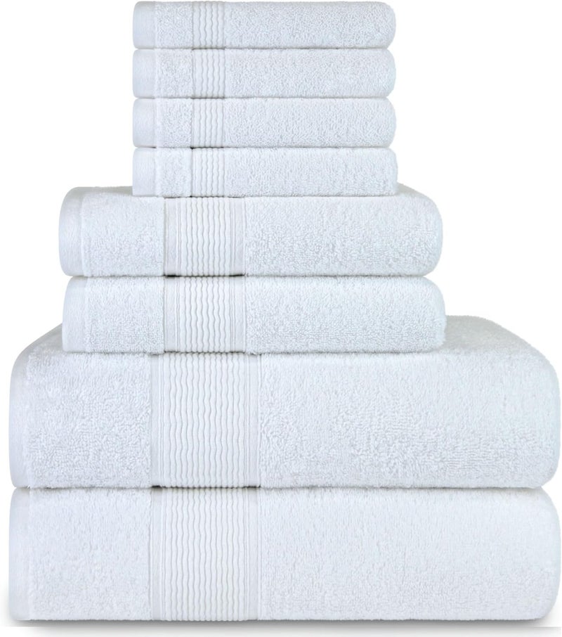 DecorRack 8-Piece Bath Towel Set, 4 Washcloths, 2 Bath Towels, and 2 Hand Towels, Premium Cotton, Highly Absorbent, Super Soft, Quick Dry, White (Set of 8) - Image 1